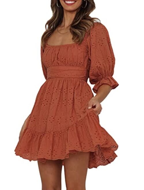 PRETTYGARDEN Women's Summer Mini Floral Babydoll Dress Short Puff Sleeve Square Neck Empire Waist Ruffle A Line Dresses