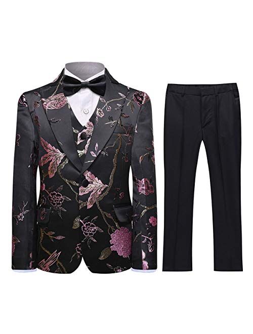 SWOTGdoby Boys Gold Paisley Floral Suit Tuxedo Slim Fit Embroidery 3 Pieces Suit Set Blazer Vest Pants