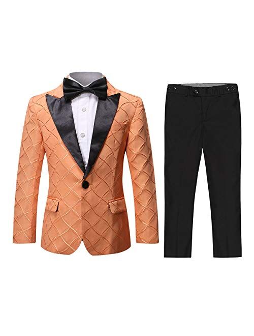 SWOTGdoby Boys Tuxedo Suit Paisley Slim Fit 3 Pieces Blazer Pants Bowtie Wedding Party