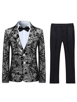 Swotgdoby Boys Suit Formal Tuexdo Golden Jacquard Slim Fit 2 Pieces Suit Set Jacket Pants for Wedding Prom Party