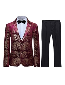 Swotgdoby Boys Suit Formal Tuexdo Golden Jacquard Slim Fit 2 Pieces Suit Set Jacket Pants for Wedding Prom Party