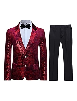 Swotgdoby Boys Suit Formal Tuexdo Golden Jacquard Slim Fit 2 Pieces Suit Set Jacket Pants for Wedding Prom Party