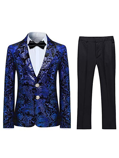 Swotgdoby Boys Suit Formal Tuexdo Golden Jacquard Slim Fit 2 Pieces Suit Set Jacket Pants for Wedding Prom Party