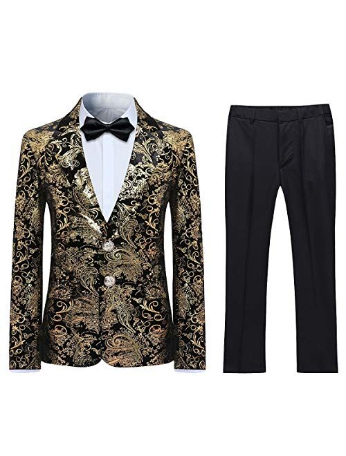 Swotgdoby Boys Suit Formal Tuexdo Golden Jacquard Slim Fit 2 Pieces Suit Set Jacket Pants for Wedding Prom Party