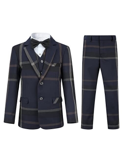 Swotgdoby Boys 3 Pieces Suit Set Formal Dresswear Slim Fit Plaid Blazer Vest Pants for Wedding Party