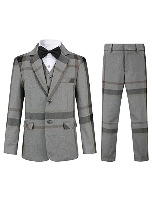 Swotgdoby Boys 3 Pieces Suit Set Formal Dresswear Slim Fit Plaid Blazer Vest Pants for Wedding Party