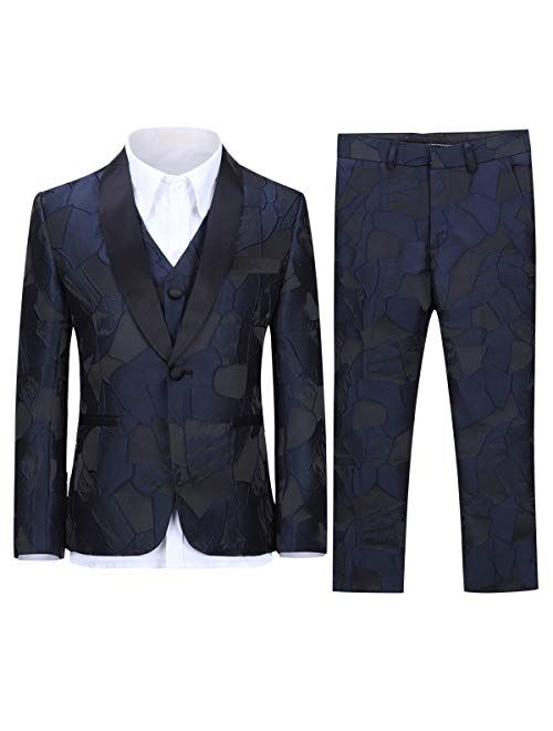 SWOTGdoby Boys Tuxedo Suit Formal Jacquard Dress 3 Pieces Blazer Vest Pants