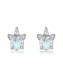 Betty&Sarah Unicorn Girls Earrings Sterling Silver Hypoallergenic Opal Earrings for Women Gifts Unicorn