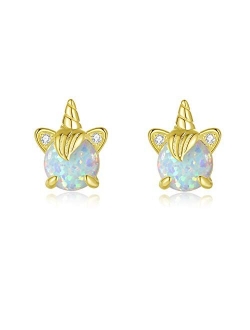 Betty&Sarah Unicorn Girls Earrings Sterling Silver Hypoallergenic Opal Earrings for Women Gifts Unicorn