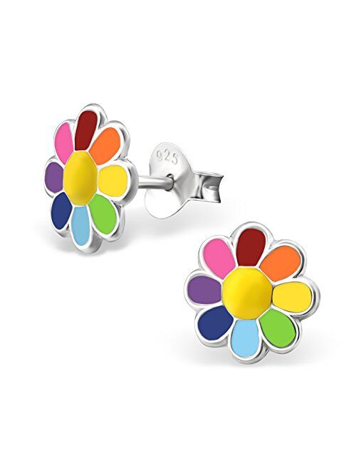 Artist Unknown 925 Sterling Silver Set of 3 Pairs Rainbow Flower, Mermaid, Unicorn Stud Earrings for Girls (Nickel Free)