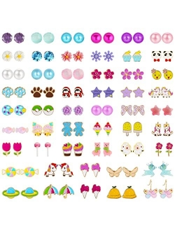 NEWITIN 52 Pairs Colorful Cute Stud Earrings Hypoallergenic Earrings Stainless Steel Earrings for Girls and Women