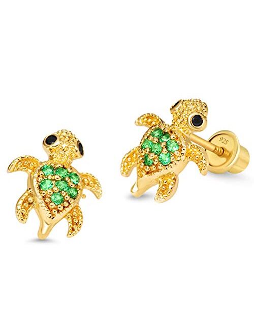 Lovearing 14k Gold Plated Brass Turtle Cubic Zirconia Screwback Baby Girls Earrings with Sterling Silver Post