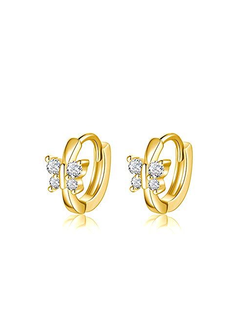 Kokoma Cute Butterfly Sleeper Small Hoop Earrings Sterling Silver 925 CZ Crystal Huggie Round Cartilage Tragus Mini Hoops Earring Ear Cuffs Piecing Dainty Jewelry Gifts f