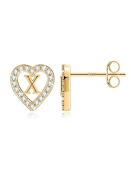 Anoup Heart Initial Stud Earrings for Girls, 14K Real Gold Plated 925 Sterling Silver Post Cubic Zirconia Stud Girls Earrings Hypoallergenic Heart Earrings for Girls Todd