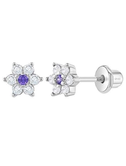 In Season Jewelry 925 Sterling Silver Kids Earrings with 5mm Flower & Screw Backs for Young Girls - Dainty CZ Flower Screw Backs for Toddlers and Little Girls - Cubic Zir