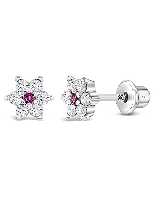 In Season Jewelry 925 Sterling Silver Kids Earrings with 5mm Flower & Screw Backs for Young Girls - Dainty CZ Flower Screw Backs for Toddlers and Little Girls - Cubic Zir