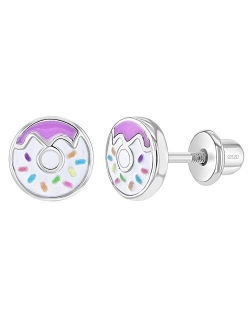 In Season Jewelry 925 Sterling Silver Fun Enamel Donut Earrings with Tiny Colorful Sprinkles for Little Girls - Colorful Screw Back Earrings for Kids - Multi-color Safety