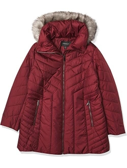 Women's Zip-up Puffer with Faux Fur Trimmed Hood,Taupe,SM