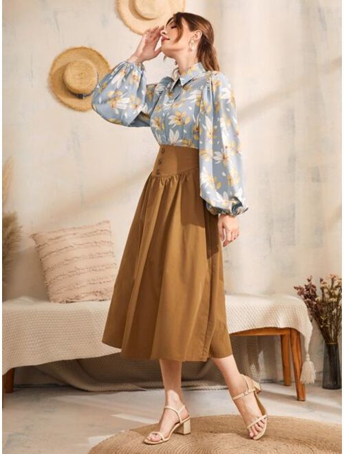 SHEIN Leaf Print Lantern Sleeve Button Front Blouse & Circle Skirt