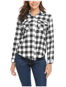 Akewei Women's Plaid Button Down Shirt Long Roll up Sleeve Blouse Casual Buffalo Top