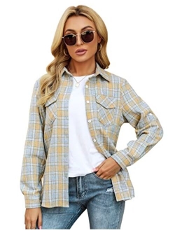 Akewei Women's Plaid Button Down Shirt Long Roll up Sleeve Blouse Casual Buffalo Top