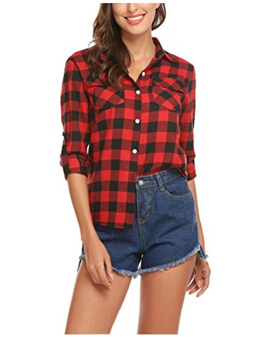 Akewei Women's Plaid Button Down Shirt Long Roll up Sleeve Blouse Casual Buffalo Top