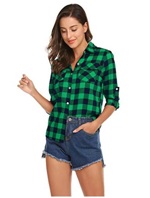 Akewei Women's Plaid Button Down Shirt Long Roll up Sleeve Blouse Casual Buffalo Top