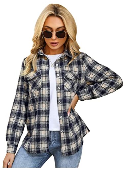 Akewei Women's Plaid Button Down Shirt Long Roll up Sleeve Blouse Casual Buffalo Top