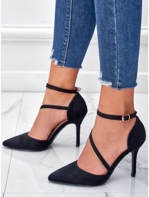 Shein Suede Stiletto Heeled Ankle Strap Pumps