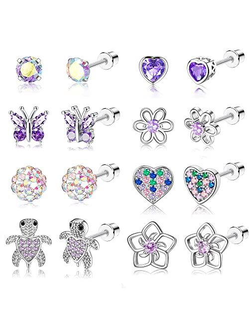 FUNRUN JEWELRY 8Pairs Hypoallergenic Screwback Earrings for Women 316L Stainless Steel CZ Heart Rainbow Butterfly Flower Multicolored Screw Back Stud Earrings Set