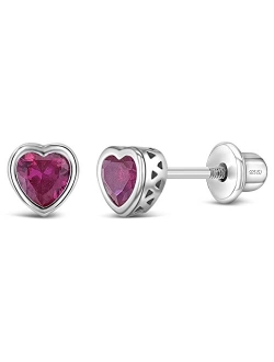 In Season Jewelry 925 Sterling Silver 5mm Girls CZ Heart Earrings Simulated Birthstone Bezel with Screw Back Stud Baby Earrings - Safety Screw Back for Toddlers - Quality