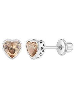 In Season Jewelry 925 Sterling Silver 5mm Girls CZ Heart Earrings Simulated Birthstone Bezel with Screw Back Stud Baby Earrings - Safety Screw Back for Toddlers - Quality