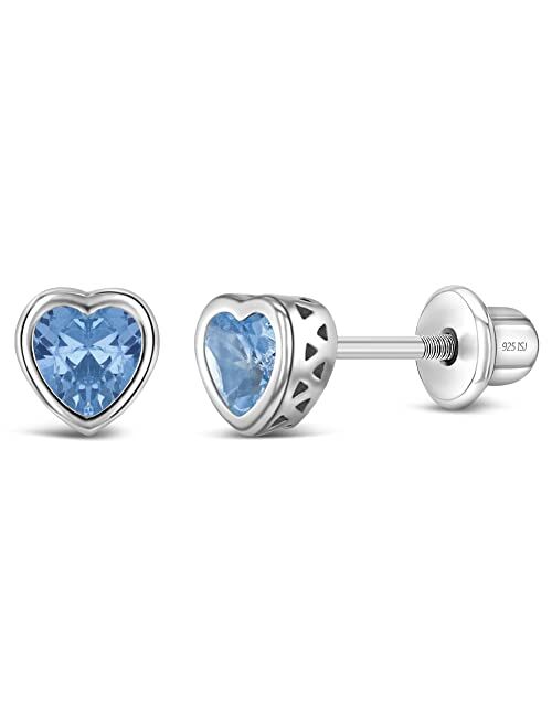 In Season Jewelry 925 Sterling Silver 5mm Girls CZ Heart Earrings Simulated Birthstone Bezel with Screw Back Stud Baby Earrings - Safety Screw Back for Toddlers - Quality