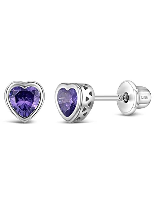 In Season Jewelry 925 Sterling Silver 5mm Girls CZ Heart Earrings Simulated Birthstone Bezel with Screw Back Stud Baby Earrings - Safety Screw Back for Toddlers - Quality