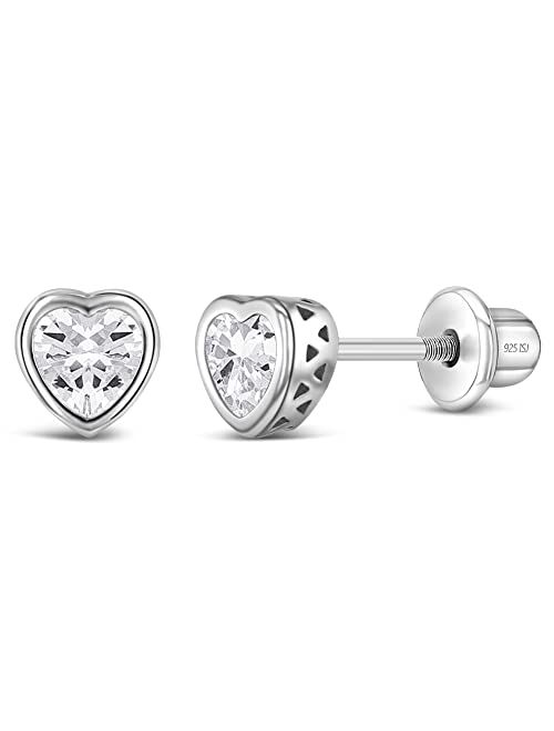 In Season Jewelry 925 Sterling Silver 5mm Girls CZ Heart Earrings Simulated Birthstone Bezel with Screw Back Stud Baby Earrings - Safety Screw Back for Toddlers - Quality