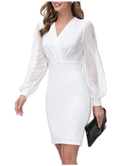 Women's Pencil Work Dresses Long Sleeve V Neck Bodycon Business Dress Elegant Cocktail Party