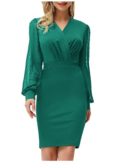 GRACE KARIN Women's Pencil Work Dresses Long Sleeve V Neck Bodycon Business Dress Elegant Cocktail Party