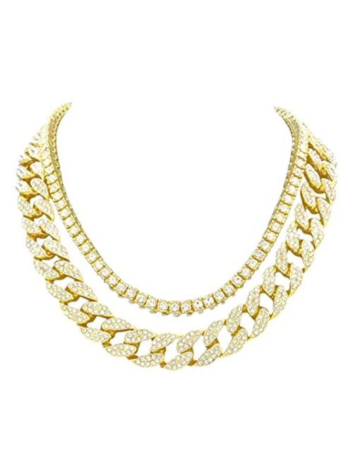 Charles Raymond Iced Out Hip Hop Gold or Silver Tone CZ Miami Cuban Link Chain Choker Necklaces Set