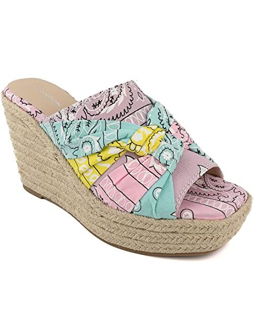 London Fog Womens Heidi Espadrille Wedge Sandals with Knotty Bow Detail