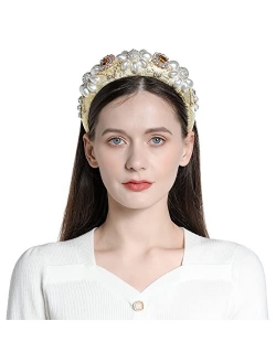 QIANXUAN Crystal Rhinestone Headbands For Women White Pearl Headbands For Girls Padded Headband Black Velvet Jewelry Chain Hairband Handmade Pearly Flower Retro Filling D