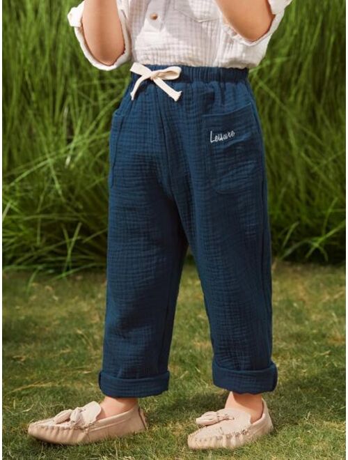 SHEIN Toddler Boys Knot Waist Letter Embroidery Pocket Patched Pants