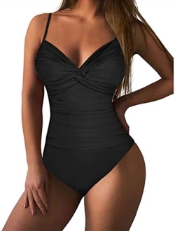 Women's Ruched Twist Front One Piece Swimsuits Tummy Control Swimwear Underwire Push Up Bathing Suits Monokini