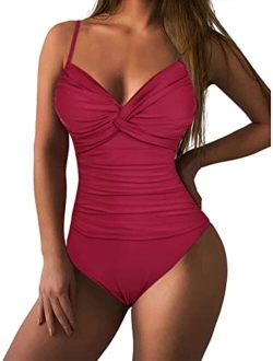 Women's Ruched Twist Front One Piece Swimsuits Tummy Control Swimwear Underwire Push Up Bathing Suits Monokini