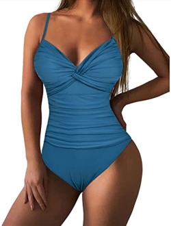 Women's Ruched Twist Front One Piece Swimsuits Tummy Control Swimwear Underwire Push Up Bathing Suits Monokini