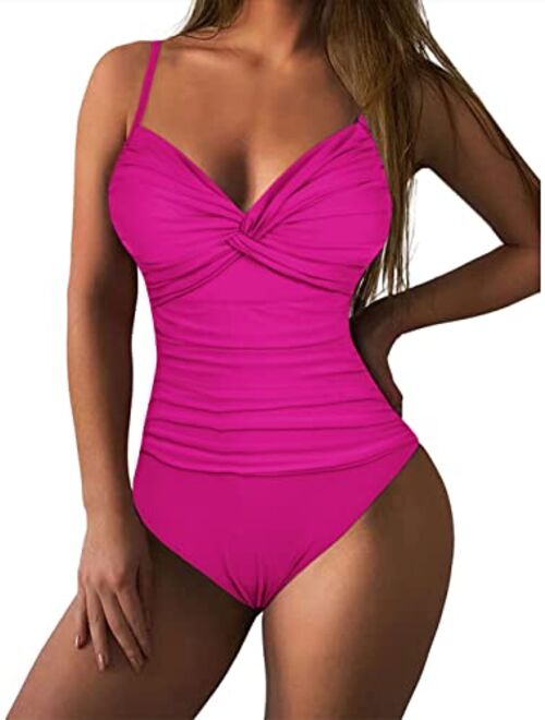 Hilor Women's Ruched Twist Front One Piece Swimsuits Tummy Control Swimwear Underwire Push Up Bathing Suits Monokini