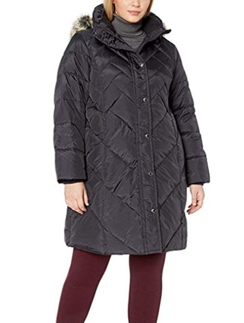 LONDON FOG Women's Plus Size Snap Front Hooded Multi Pattern Quilt Down Coat