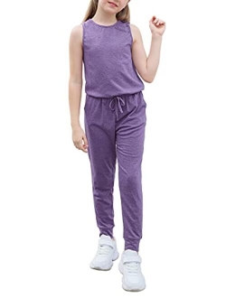 GORLYA Girl's Sleeveless Solid Casual Jumpsuit Rompers Harem Pants Outfits for 4-14T