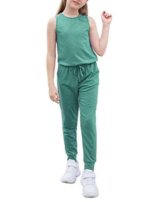 GORLYA Girl's Sleeveless Solid Casual Jumpsuit Rompers Harem Pants Outfits for 4-14T