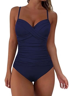 Women's Ruched Underwire One Piece Swimsuit Front Twist Swimwear Tummy Control Bathing Suit Monokini