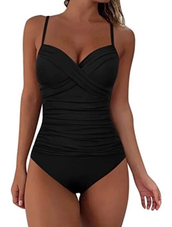 Women's Ruched Underwire One Piece Swimsuit Front Twist Swimwear Tummy Control Bathing Suit Monokini